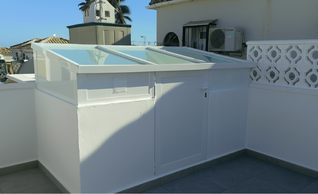 Custom white aluminum cupboard with a glass roof on a rooftop terrace in Costa Blanca, Torrevieja.